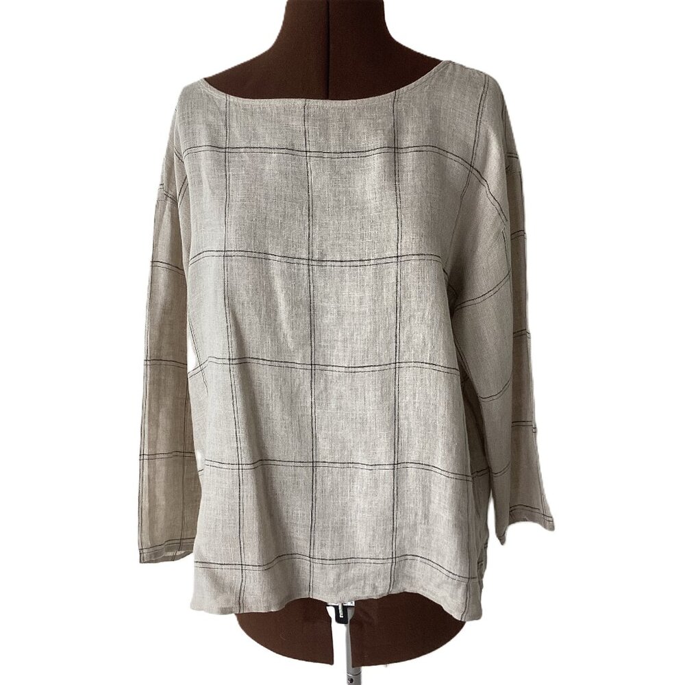 Eileen Fisher Taupe Linen Windowpane Check Top